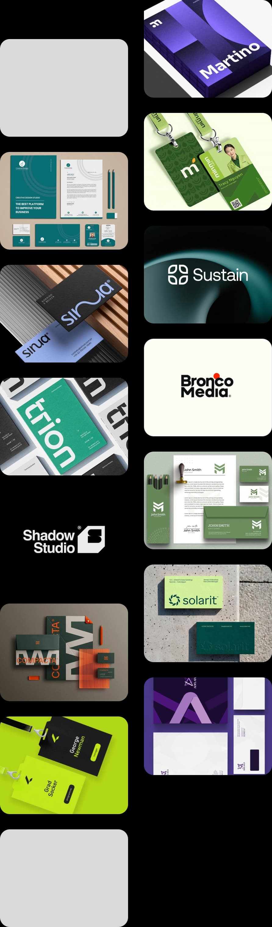 Logo and brand identity mockups on business cards, stationery and badges