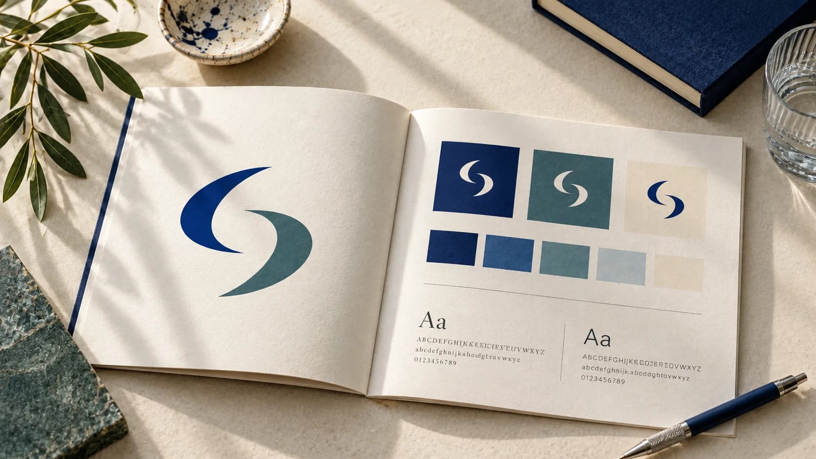 AI-generated concept mockup of an open brand guide with navy and teal colors; not a Ficonica export.