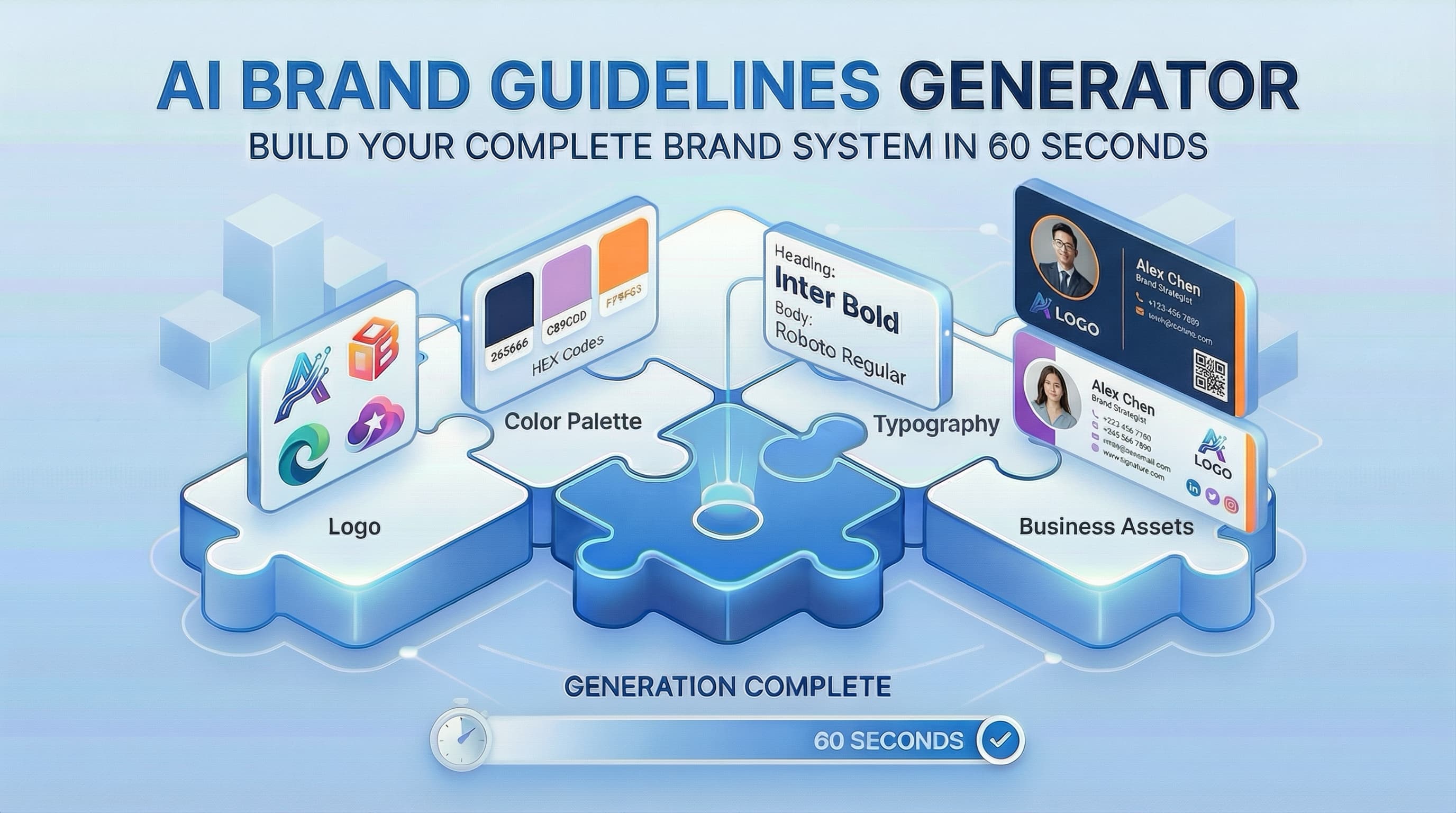 AI-powered brand guidelines generator creating logo and color system for small businesses