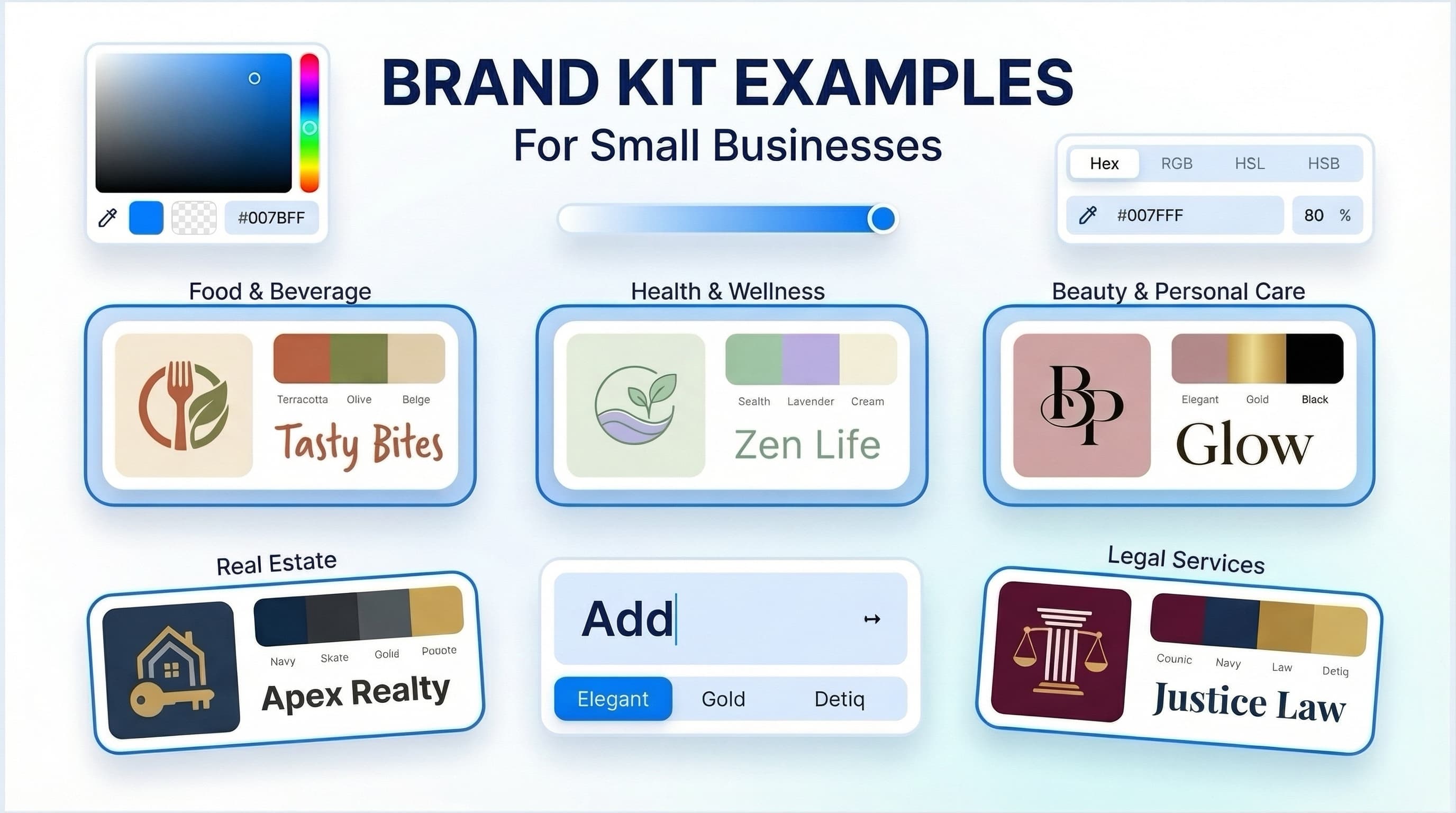 Brand kit examples for small businesses with logo, color palette and typography
