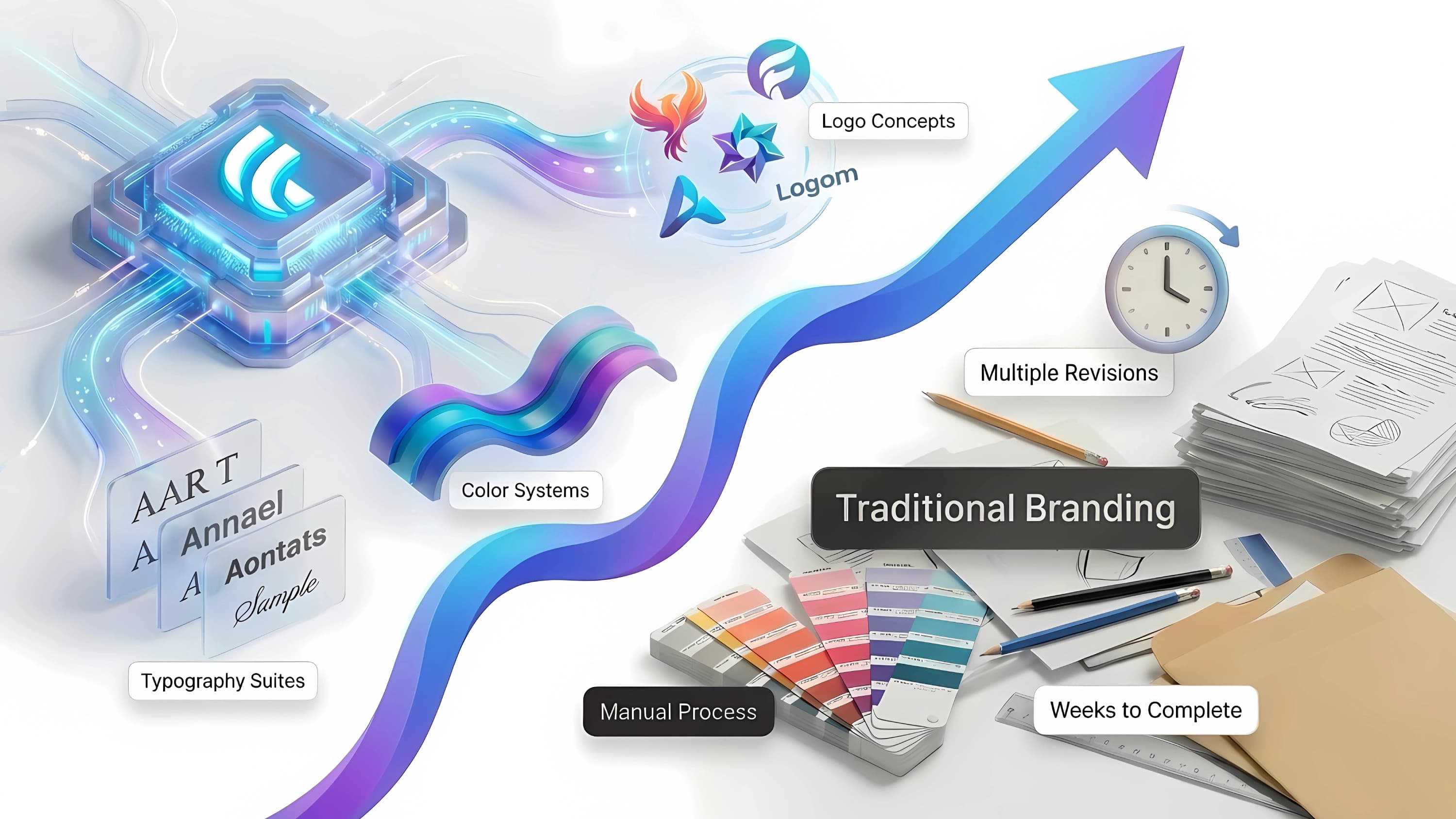 AI brand identity generator creating logo, color palette and typography in a single workflow