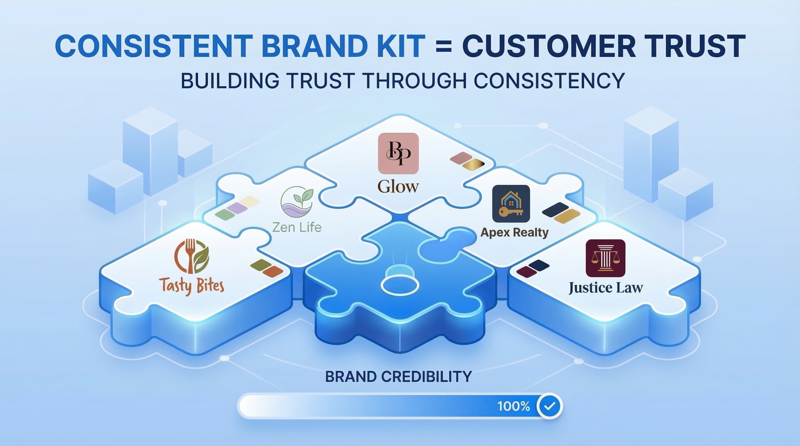 Visual identity examples across food, wellness, beauty, real estate and legal services