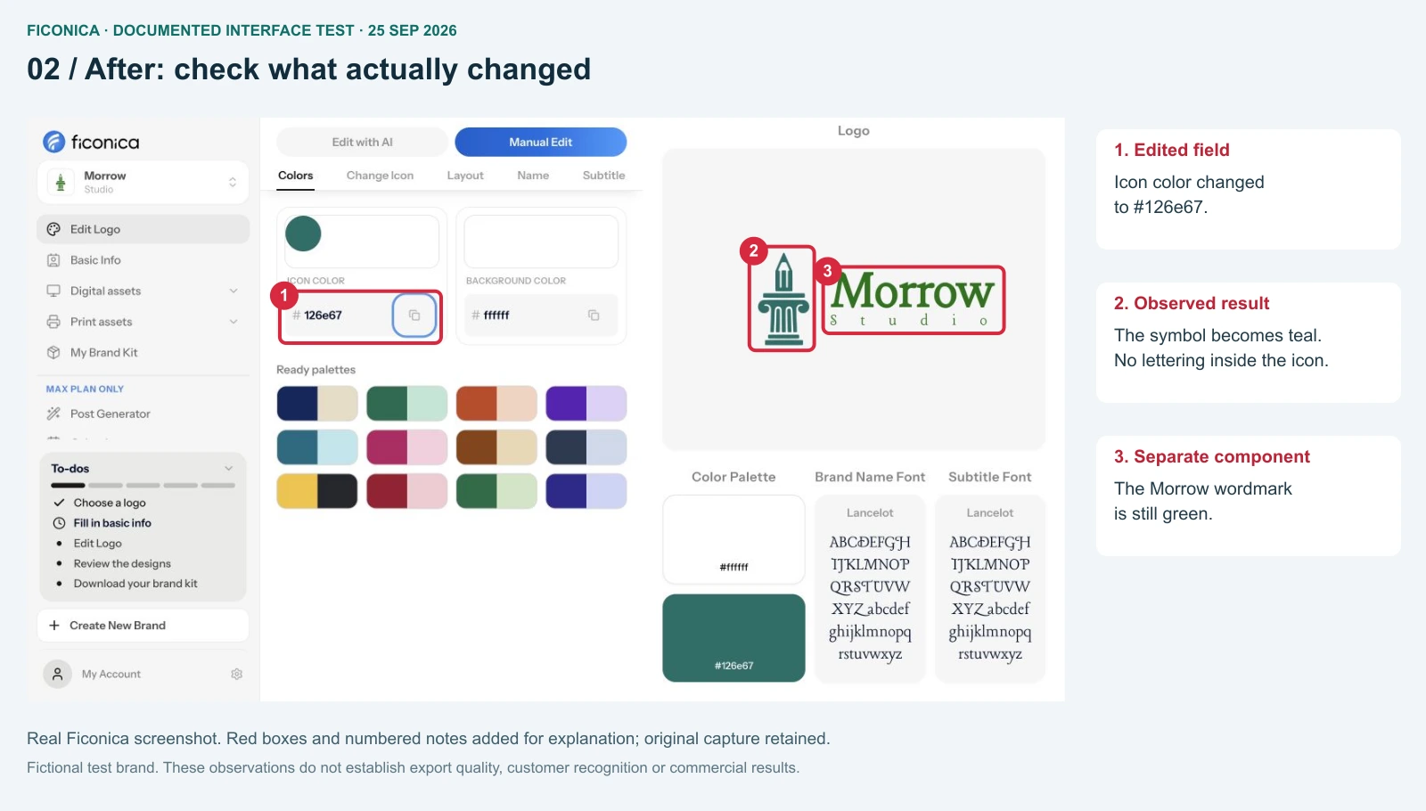After setting icon color to 126e67, the symbol becomes teal while the Morrow wordmark remains green.