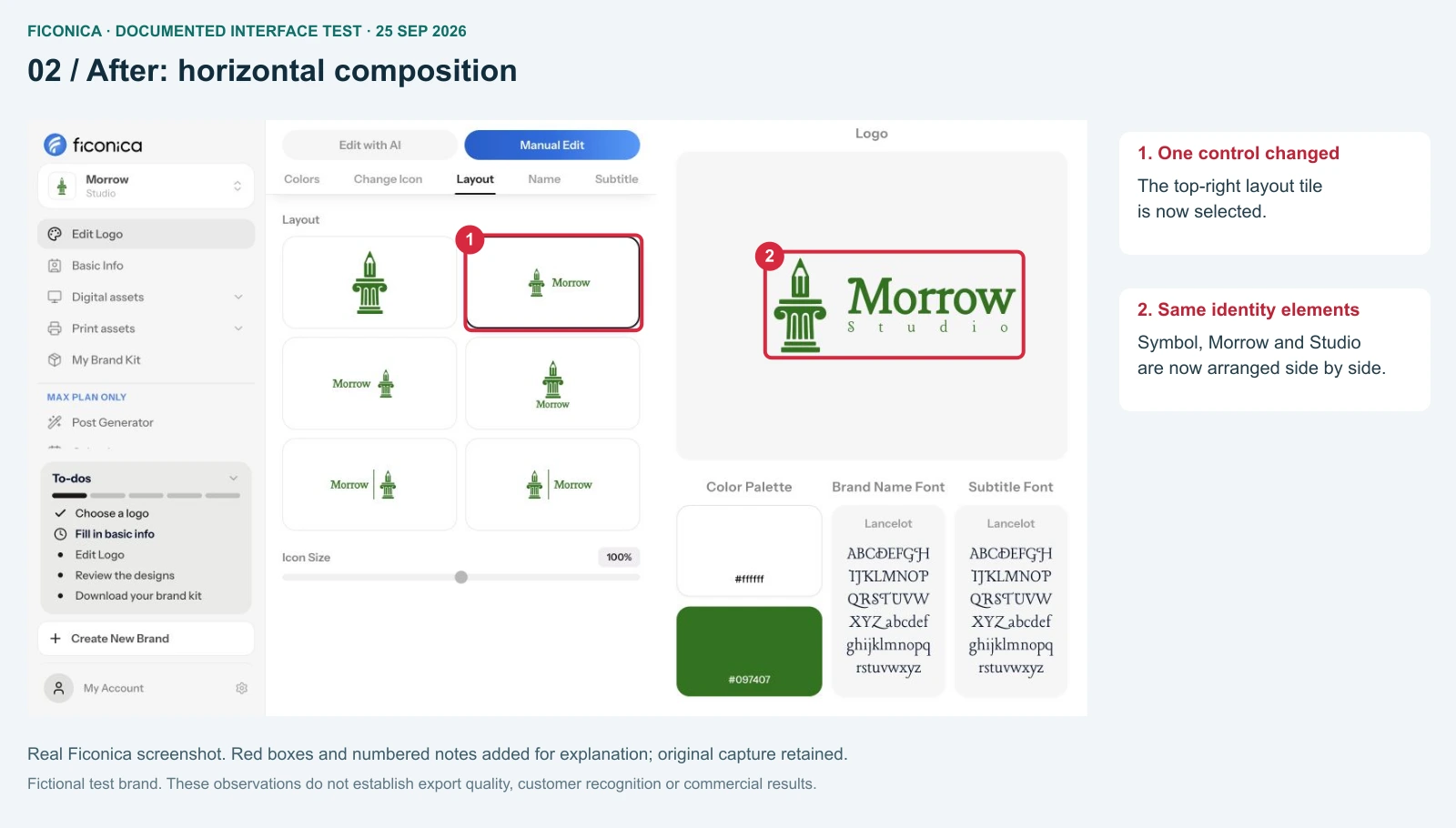 Ficonica editor after switching to horizontal layout; red boxes mark the chosen tile and resulting preview.