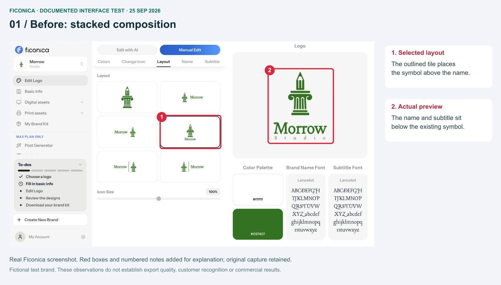Ficonica manual editor with stacked layout selected and the resulting Morrow Studio preview.