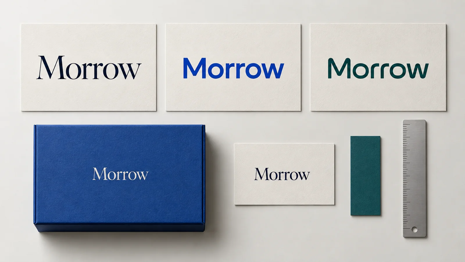 Three illustrative Morrow lettering directions above blue packaging and a matching business card.