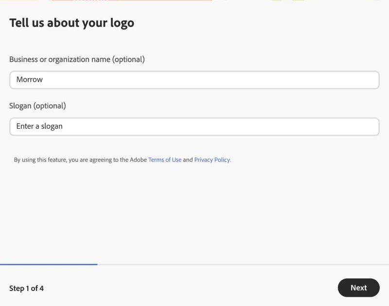 Actual Adobe Express logo maker step 1 of 4 with Morrow entered and the notice: By using this feature, you are agreeing to the Adobe Terms of Use and Privacy Policy.