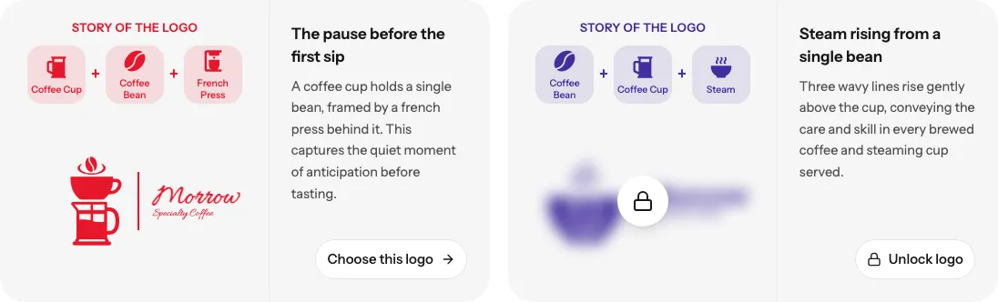 Actual Ficonica results for Morrow seen without signing in: an open French press and cup logo preview next to a blurred, locked preview with an Unlock logo button.