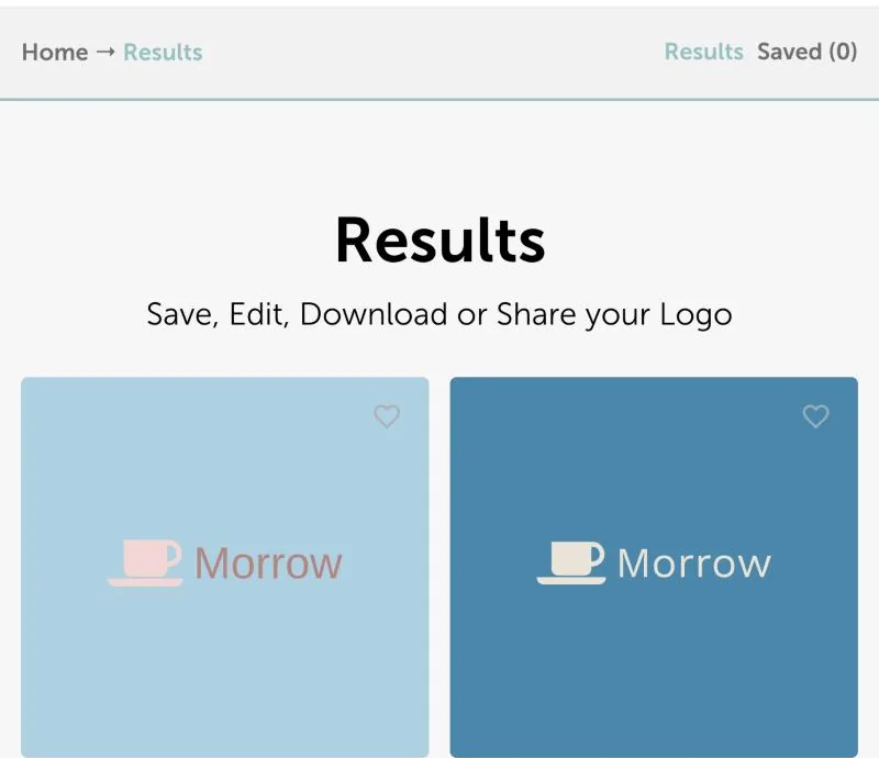 Actual Namecheap results screen for the fictional Morrow coffee shop, showing two cup-and-wordmark previews on light and dark blue.