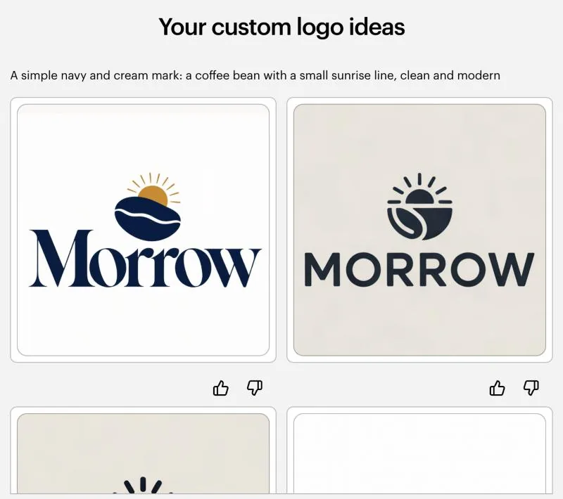 Actual Vistaprint AI Logomaker results for Morrow: a navy coffee bean under a gold sunrise above a serif wordmark, and a dark sun-and-bean symbol above MORROW on cream.