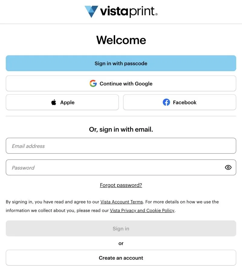 Actual Vista sign-in page reached from the free-download button, with passcode, Google, Apple, Facebook and email sign-in options.