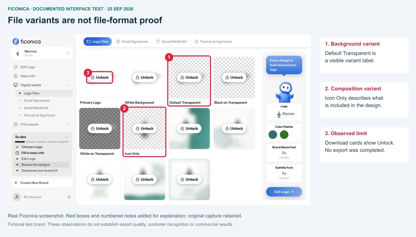Real Ficonica Logo Files screen with red boxes around transparent and icon-only variants and the Unlock button.
