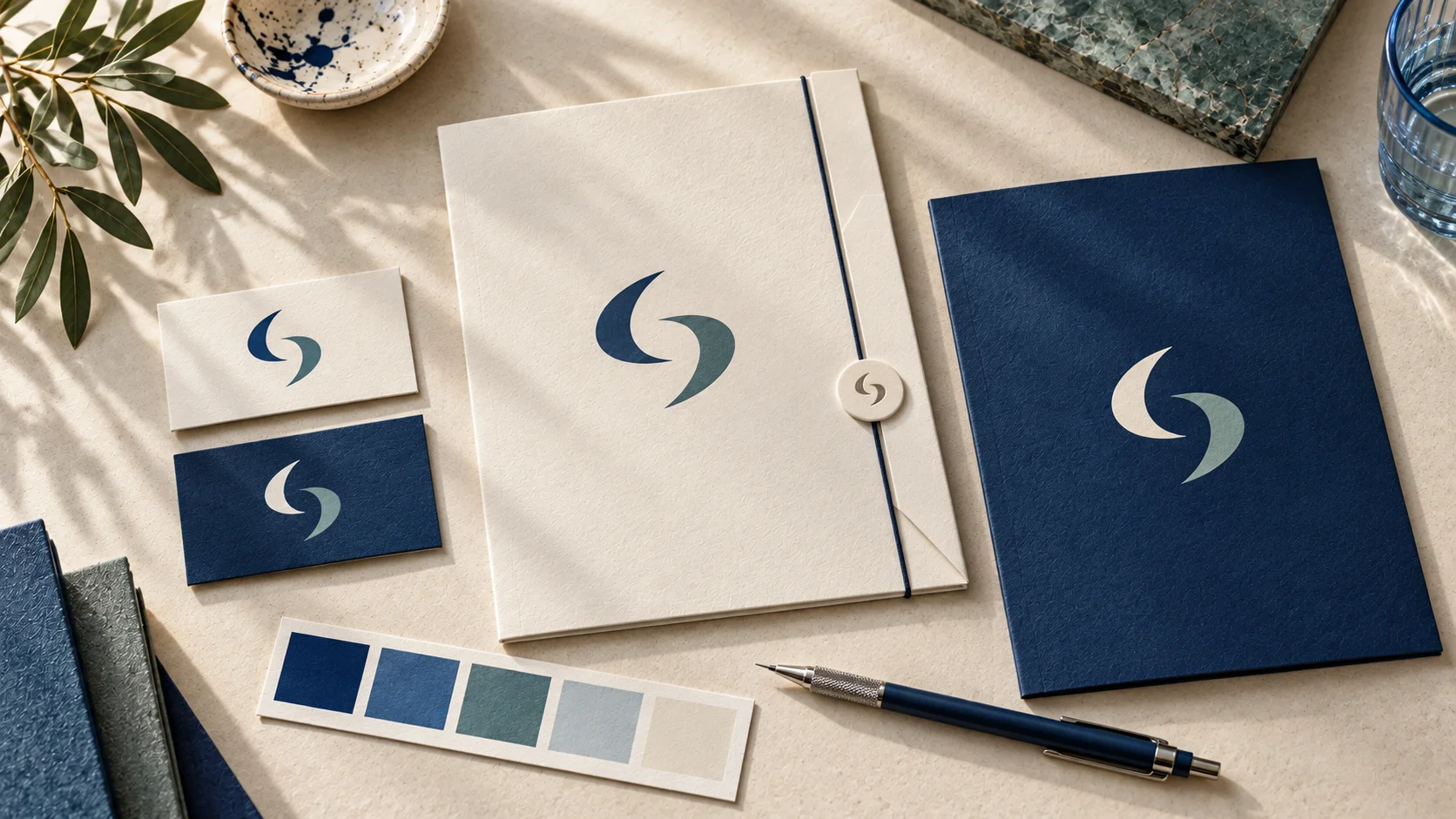 AI-generated concept mockup of coordinated cream, navy and teal brand stationery