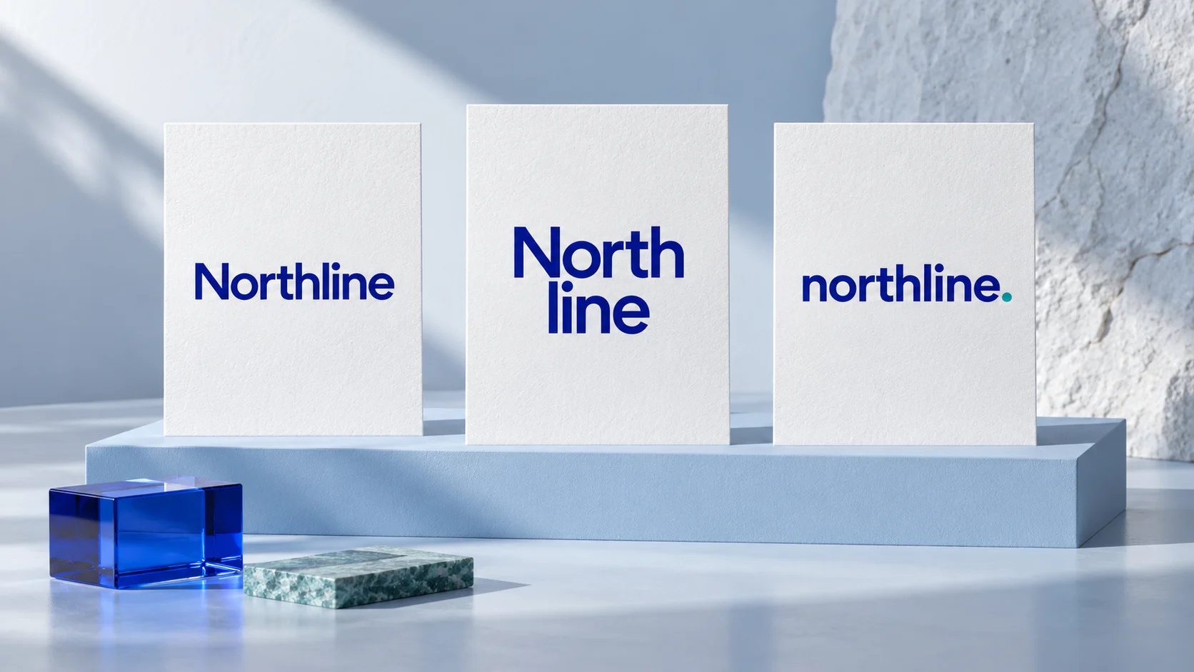 Three white cards on a pale blue plinth show horizontal, stacked and lowercase Northline wordmark concepts.